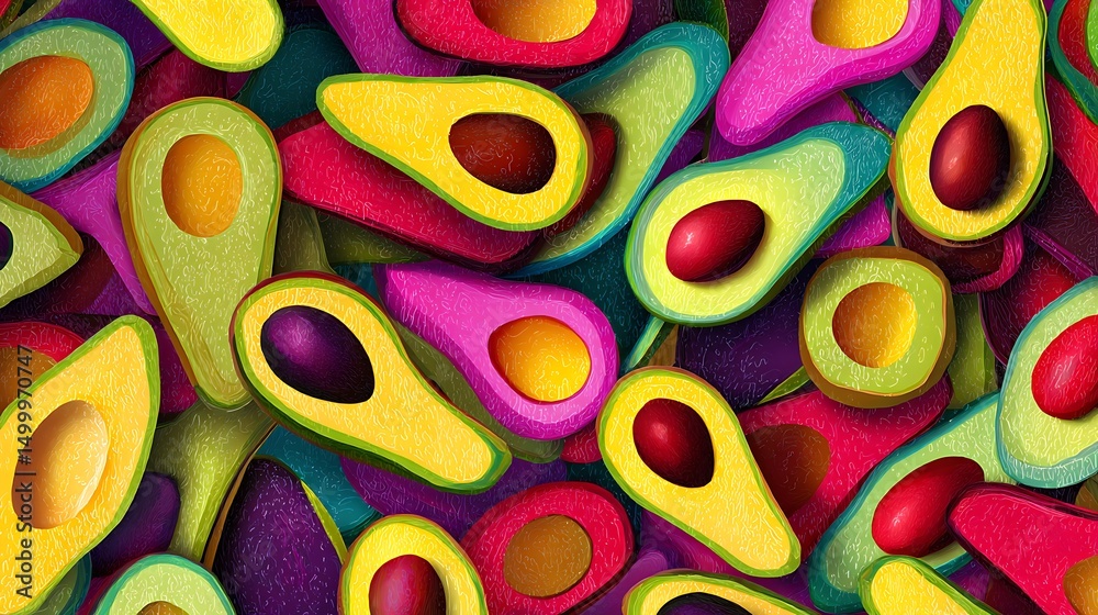 Poster vibrant and abstract avocado pattern with fresh and colorful sliced avocados, perfect for banners an