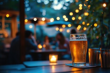 Outdoor patio, golden beer, blurred people