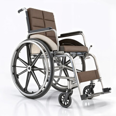 Modern wheelchair with brown upholstery and chrome frame isolated on white background