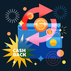 Fototapeta premium Wallet, arrows, coins, cashback money service concept. Vector illustration. Cash back transfer payments design elements