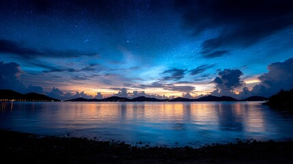 Serene Twilight Seascape - Tranquil coastal scene at dusk, stars emerging, calm water reflecting the sky, peaceful atmosphere, serene night