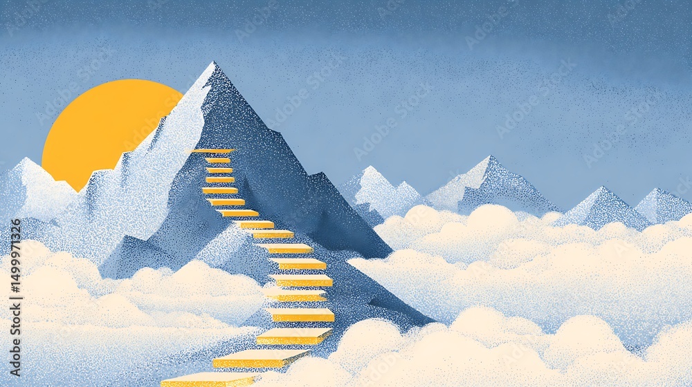 Poster goal to success for level up with pathway line or step route to mountain peak, human performance lim