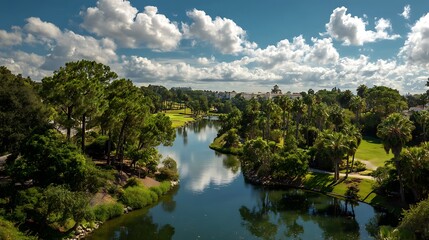 Fototapeta premium Panoramic view of golf course, golf field with a rich green turf beautiful scenery
