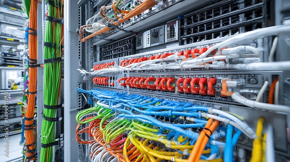 Aufkleber Internet cables and wires in server room with switch in company on the development of a quantum computer, network background