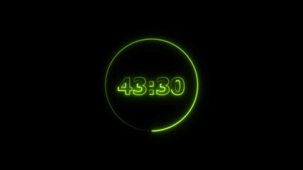 Digital countdown timer neon bright lime green color animation of 48 second transparent on black background. 48 seconds digital timer animation.