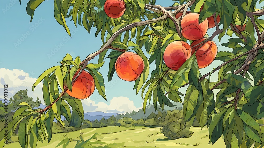 Poster peach tree with ripe peaches outside on sunny day in an orchard