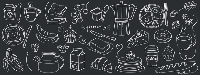 Large vector illustration in hand drawn chalkboard style, breakfast and food items, coffee, milk, toast, cheese, jam, muffin and more. Perfect for morning and brunch themed designs.