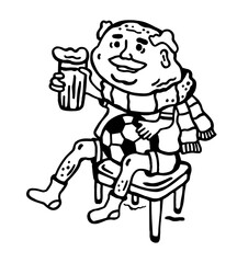 
Black and white vector illustration of an old fan with beer, ball and scarf on a white isolated background