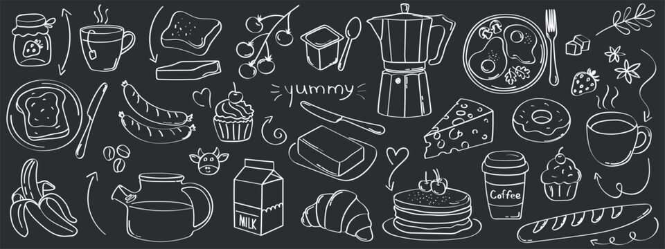 Large vector illustration in hand drawn chalkboard style, breakfast and food items, coffee, milk, toast, cheese, jam, muffin and more. Perfect for morning and brunch themed designs.