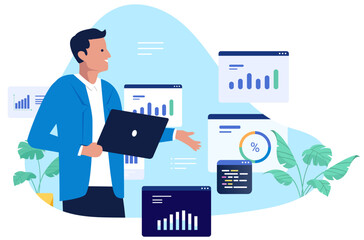 Man working with charts - Businessman or person with computer looking at graphs and diagrams analysing data and business finances. Flat design vector illustration on white background