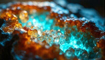 Amber And Turquoise Light Flowing Through Polished Geode Crystalline Formations Mineral Matrix