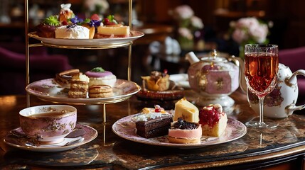 Traditional afternoon tea service in london including pastries, hors d, oeuvres, and tea