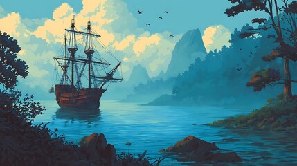 Fototapeta premium Landscape with pirate ship in the sea, lightning in the sky full of clouds, horizon in the background, ai digital illustration