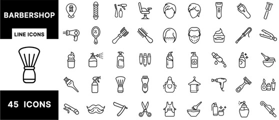 Barbershop Line Icons Set – Haircut Tools, Grooming, Shaving, Styling, Beard Care, Clippers, Scissors, Hair Products, Salon Equipment, Beauty Icons Pack