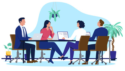 Office meeting at table - Team or group of businesspeople and clients sitting down discussing and talking about project progress. Flat design vector illustration on white background