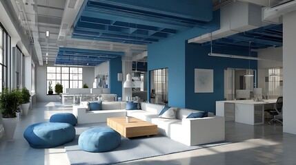 Modern white and blue open space office interior