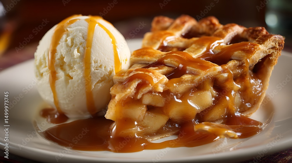 Poster perfect slice of apple pie with caramel topped with a scoop of vanilla ice cream