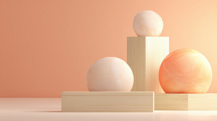Fototapeta premium A serene mockup scene showing three distinct-sized geometric shapes in asymmetrical balance, illustrated in soft peach tones with fine linear outlines and smooth shading.