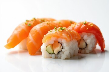 Close-up of assorted sushi on white background, vibrant, japanese food