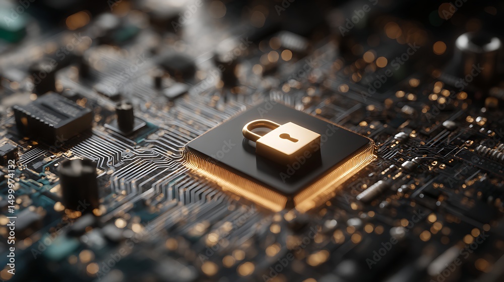 Aufkleber Secure connection or cybersecurity service concept of compute motherboard closeup and safety lock with login and connecting verified credentials as wide banner design -