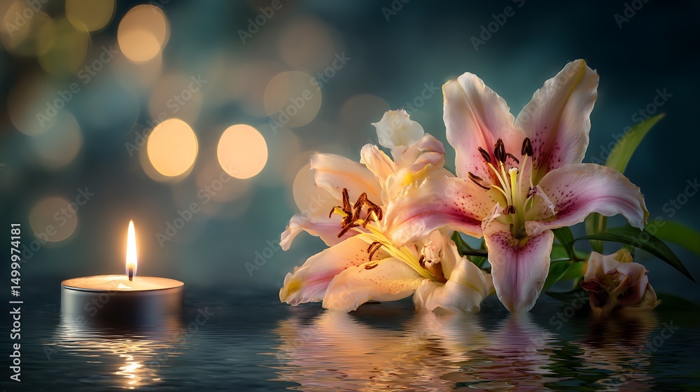 Aufkleber Funeral scene with beautiful lilies and a burning candle set against a softly blurred background with a bokeh effect