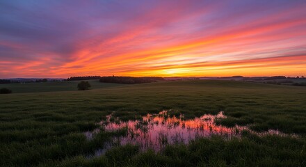 Obraz premium Sunset Over Field and Water Reflecting the Colorful Sky