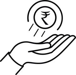 hand catching rupee coin line art on white background