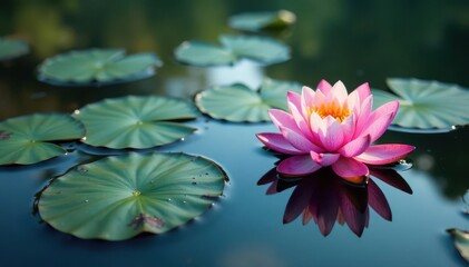 Water lilies, lotus blossoms create intricate patterns on calm lake surface , purple, peaceful, floral