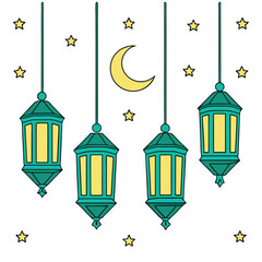 Four Hanging Teal Lanterns with Crescent Moon and Stars