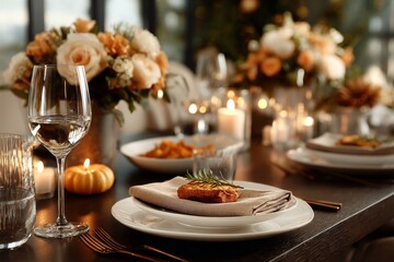 Fototapeta premium Elegant Autumn Dinner Setting With Flowers and Candles in a Warm Atmosphere