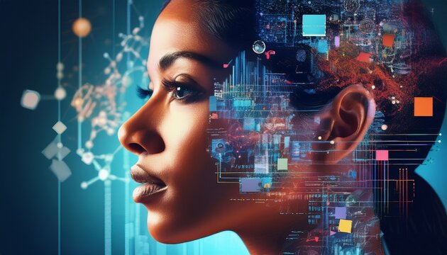 Digitale Gedankenwelt &ndash; Profil einer Frau mit eingeblendeten Medieninhalten, symbolisiert k&uuml;nstliche Intelligenz, Big Data und Informations&uuml;berflutung.