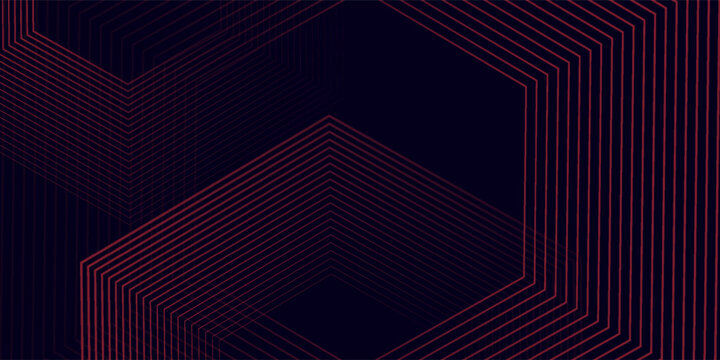 Abstract dark red background with glowing geometric lines. Modern shiny red hexagon lines pattern. Technology futuristic concept. Suit for poster, banner, brochure, cover, flyer. Vector illustration
