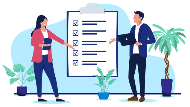 Work task checklist - Businesspeople working efficiently, finishing and completing list of tasks checking boxes and smiling. Flat design vector illustration on white background