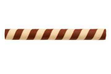A chocolate and vanilla striped wafer stick.