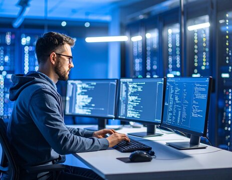 Moderner IT-Spezialist bei der Arbeit in einem technisch ausgestatteten B&uuml;ro,