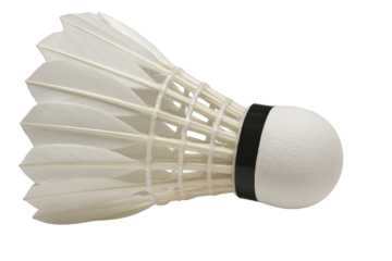 A detailed white badminton shuttlecock with a cork base and feather skirt.