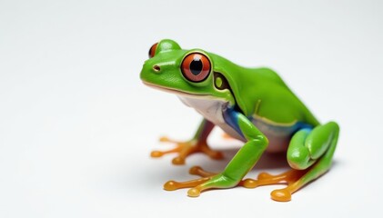 Fototapeta premium Green tree frog perched on white, vibrant skin, animal photography, cute, macro
