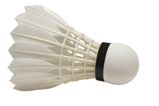 A detailed white badminton shuttlecock with a cork base and feather skirt.