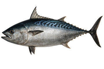 Large silvery tuna fish with streamlined body and distinct fins.