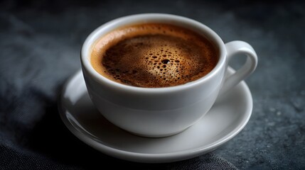 Fototapeta premium Freshly brewed espresso with rich crema in a porcelain cup