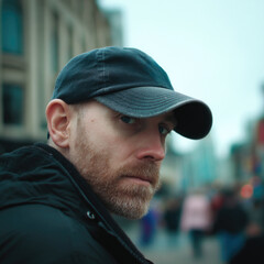 Man in Hat Looking Down