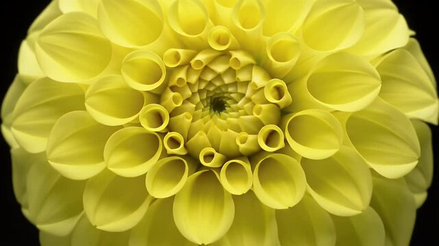 A smooth time-lapse animation of a yellow dahlia flower blooming in high detail against a black background.