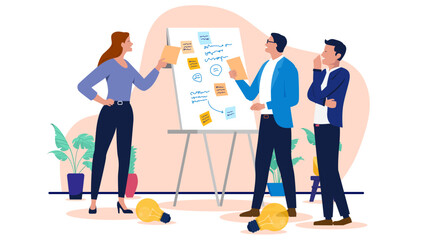 People working on flip-chart  - Business team or group brainstorming in workshop using scribbles and sticky notes working on project and solving problems together. Flat design vector illustration
