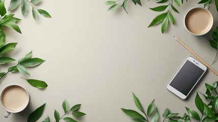 Flatlay Coffee, phone, pencil, leaves; work desk; nature background; website banner
