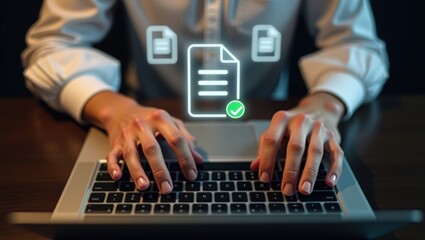 Person working on a laptop with document icons displayed.
