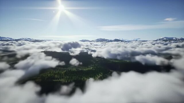 A stunning 3D CGI animation of flying through soft, fluffy white clouds from high altitude, with a gentle camera descent toward the distant ground below.