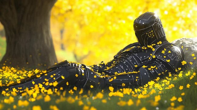 Knight rests in field of yellow blooms
