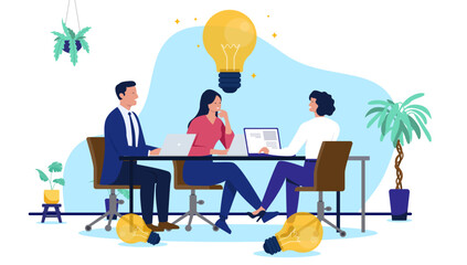 Fototapeta premium Brainstorm meeting in office - Team or group of creative businesspeople sitting at table coming up with idea for business and project together. Flat design vector illustration on white background