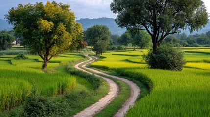 Obraz premium Serpentine road through vibrant rural landscape