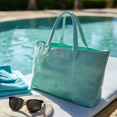 Stylish mint green beach bag rests on sun lounger beside sparkling pool, accompanied by pair of sunglasses and folded towel, evoking relaxed summer vibe